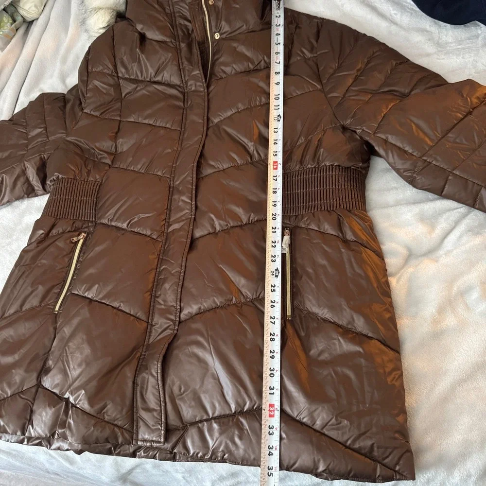 30 First Brown Puffer Parka Faux Fur Hood Cinched Waist Winter Coat Womens 3XL